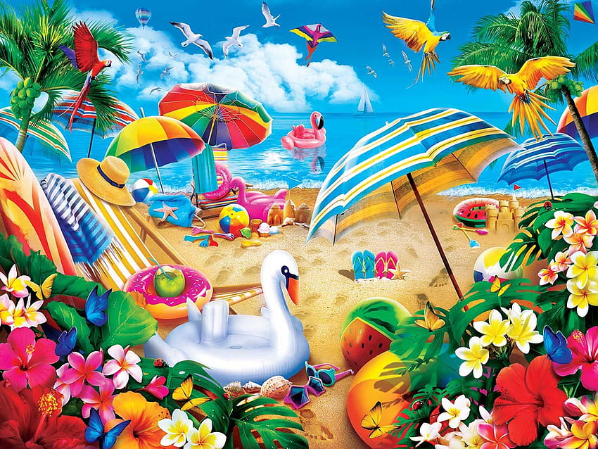 วันหยุดสุดสัปดาห์ ทะเล ดิจิตอล ร่ม ต้นปาล์ม นกแก้ว ศิลปะ ดอกไม้ ชายหาด วอลล์เปเปอร์ HD