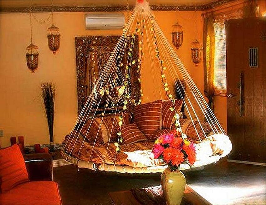 Ojai Asılı yatak, ayna, tasarım, yatak, ayna, ev, vazo, güzel, çiçekler, yastıklar HD duvar kağıdı