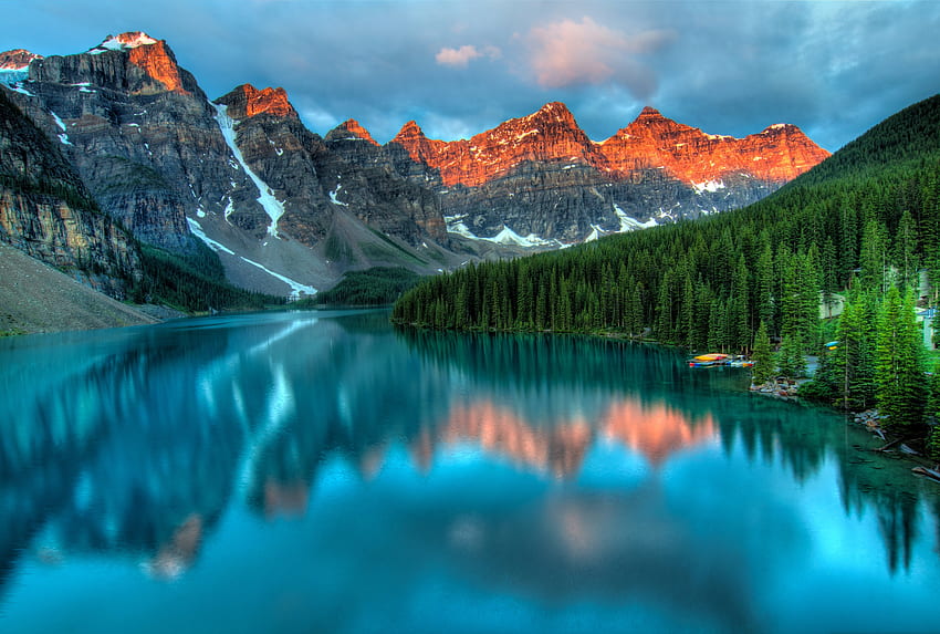 Природа, дървета, планини, езеро, отражение HD тапет