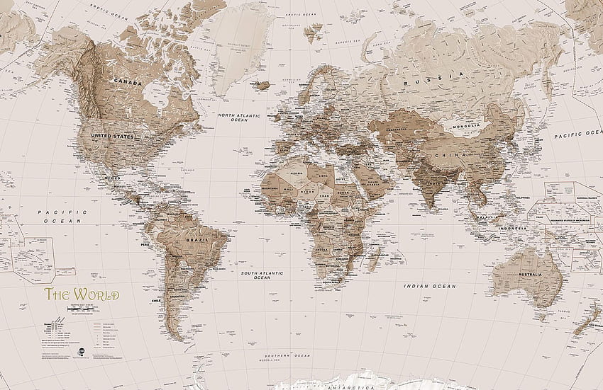 Mural de mapa del mundo en tonos tierra sepia, mapas del mundo fondo de pantalla