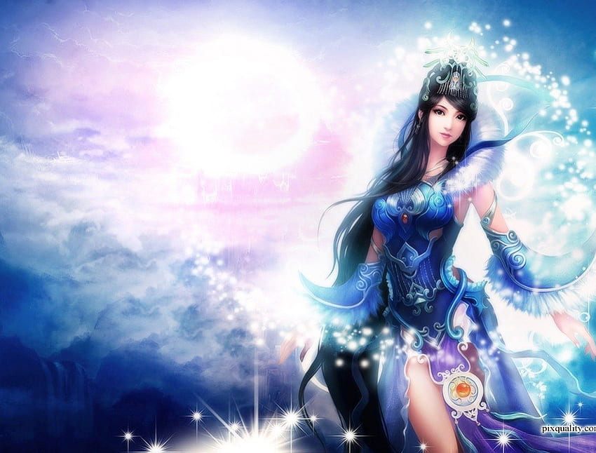 .Splendor of Blue Princess., colors, stars, charm, shining, cg, emo, adorable, cloud, sunshine, sweet, eyes, girl, brilliantly, woman, sentiment, fantasy, pretty, face, blue, colorful, emotion, spark, crown, lady, lips, dazzling, soft, beautiful, splendor of blue princess, pink, video games, cool, tender touch, splendor HD wallpaper