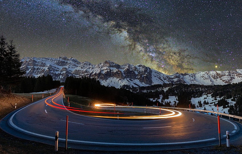 Lights, Road, Trees, Nature, Night, Mountains, Snow, Landscapes, Asphalt, Blur Effect, Snow Covered, Starry, Ultra Background, Starry Night, Time Lapse graphy, Turns For , Section пейзажи HD wallpaper