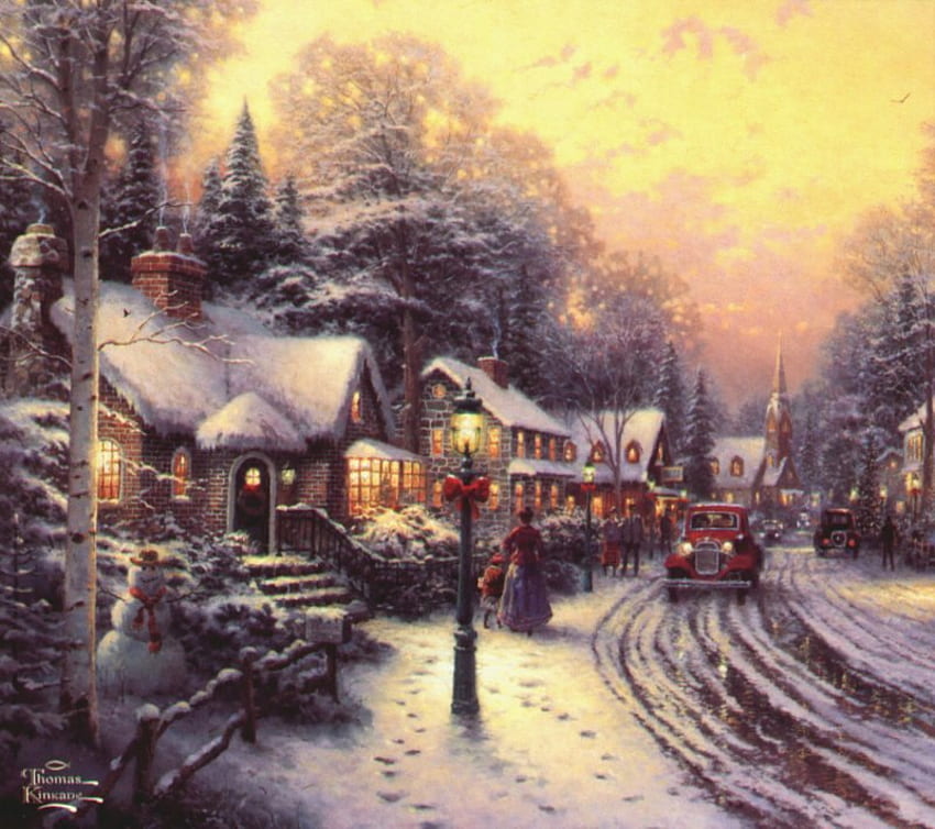 Il Villaggio di Natale, l'inverno, le strade, le case, il bagnato, le macchine, il freddo Sfondo HD