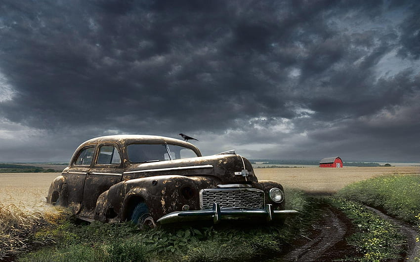 Abandoned Rusty Classic Car in a Field HD wallpaper