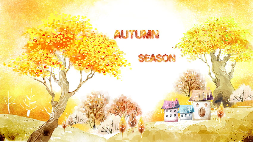 Stagione autunnale, case, foglie, arancio, personaggio firefox, autunno, alberi, autunno, oro Sfondo HD