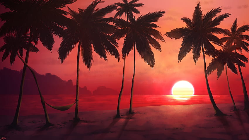 Sonnenuntergang, tropischer Strand, entspannt, bezaubernd, Palmen HD-Hintergrundbild