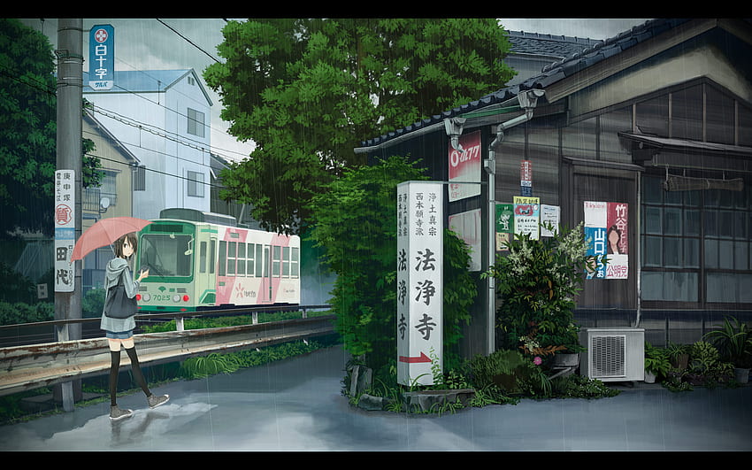 Anime Girl Walking In The Rain, olhos castanhos, guarda-chuva, chuva, trem, telefone, árvore, coxas, cênico, cabelo curto, cabelo castanho, flores, Kusakabe original papel de parede HD
