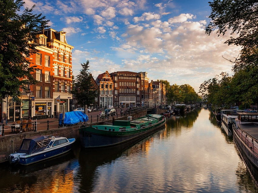 Amsterdam, river, boat, city, clouds, sky HD wallpaper