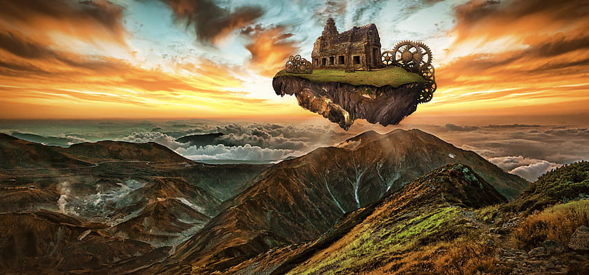Fantasy, Mountains, Structure, hop, Imagination, Engine, Gears, Steampunk HD wallpaper