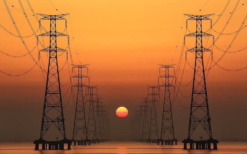 Black transmission posts, sunset, Sun, power lines, electricity HD wallpaper
