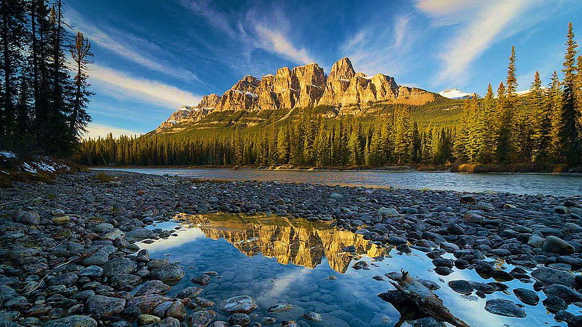 Castle Mountain, Banff National Park, clouds, sky, canada, alberta, water, lake, reflections, stones HD wallpaper