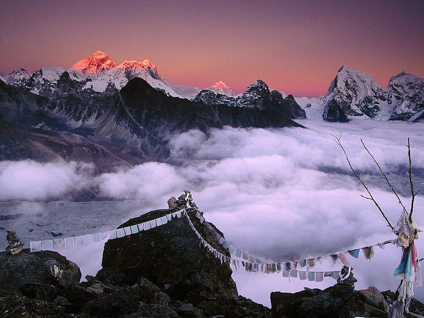 Nature, Mountains, Vertex, Top, Peak, Ropes, Cordage, Cloth, Nepal, Everest HD wallpaper
