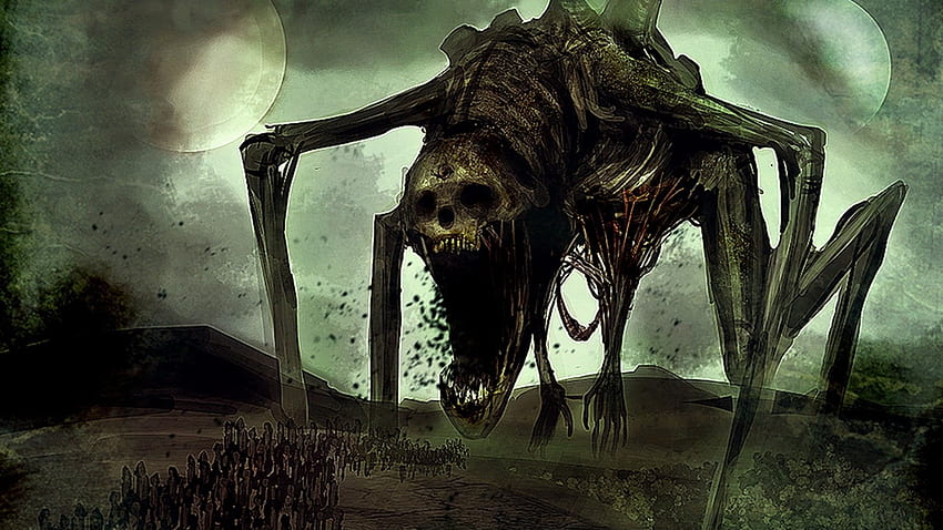 Илюстрация на чудовище със сив скелет, фантастично изкуство. Flare HD тапет