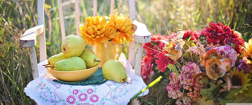 Still Life Rustic Scene with Flowers, Pears Fruits, Outdoor HD wallpaper