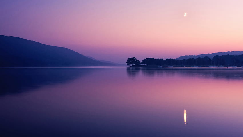 Alba, mare, colline, tema Firefox Persona, lago, crepuscolo, rosa, riflesso, luna, cielo, acqua, calma, immobile Sfondo HD