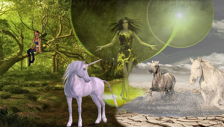 Fairy Standing Between Unicorn And Two Running • For You For & Mobile HD wallpaper