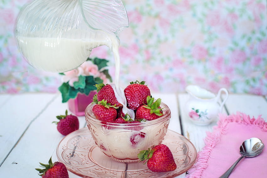 Food, Strawberry, Berries, Plate, Milk HD wallpaper