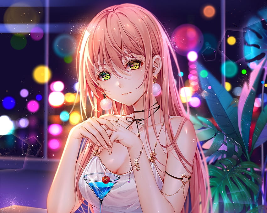 Beautiful, anime girl, drink, art HD wallpaper