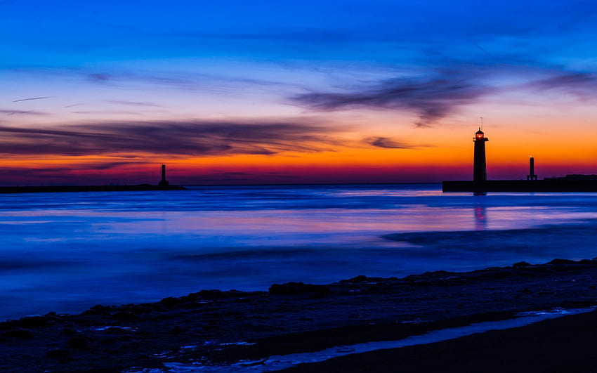 USA Michigan lago spiaggia faro notte arancione tramonto cielo blu nuvole | | 67885| SU Sfondo HD