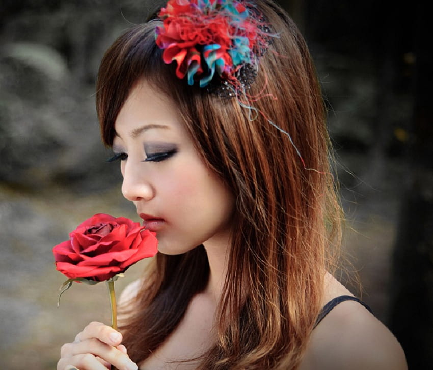 Asian Rose, rose, girl, asian, red HD wallpaper