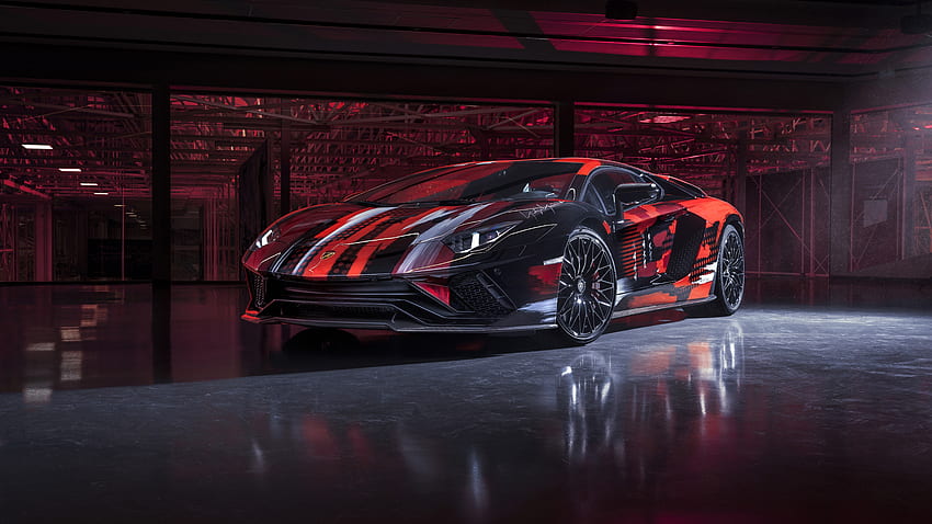 2021 Lamborghini Aventador S, deportivo, negro-rojo fondo de pantalla