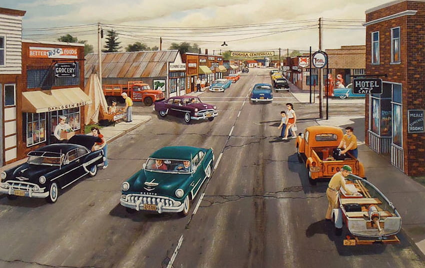 A Walk to The Grocers, 50년대, 마을, 자동차, 도로, 중심가, 상점 HD 월페이퍼