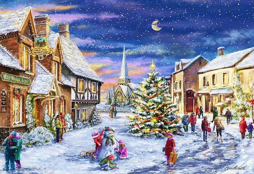 Weihnachtsdorf, Kunstwerk, Malerei, Mond, Schnee, Häuser, Menschen, Weihnachtsbaum HD-Hintergrundbild