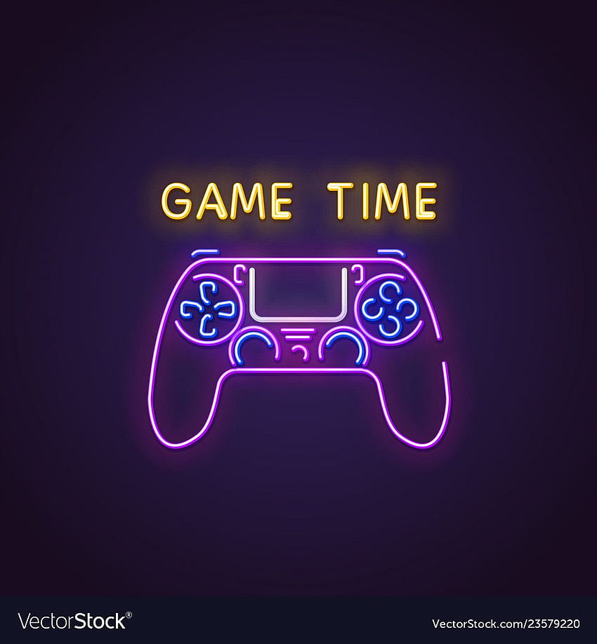 ゲームパッドのネオンサイン。 現代のゲームパッドの輝くネオンサイン。 レトロな色に光るゲームタイムの文字。 ゲームのネオンのコンセプト。 iphone ネオン、ネオン、ネオン、紫と白のゲーム HD電話の壁紙