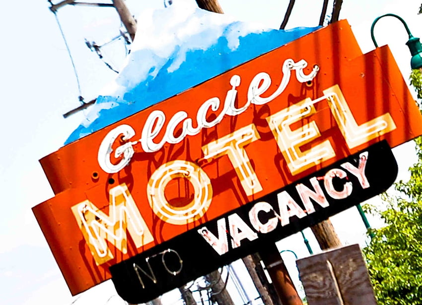 Glacier vacance, signe, publicité, drôle, motel, fantaisiste, CG, vacance, glacier Fond d'écran HD