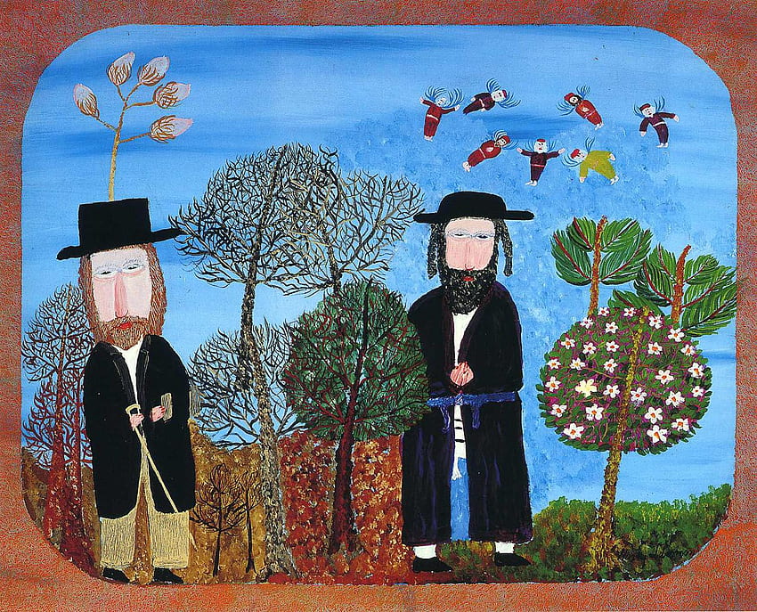 요정과 함께 정원에 있는 두 명의 하시딕 유대인 - 미국 민속 예술 HD 월페이퍼