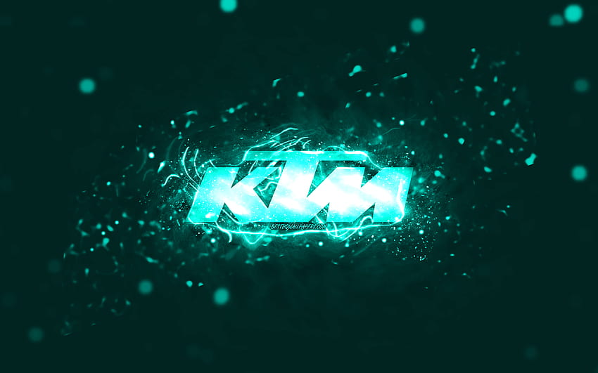 KTM 청록색 로고, 청록색 네온 조명, 크리에이티브, 청록색 추상 배경, KTM 로고, 브랜드, KTM HD 월페이퍼