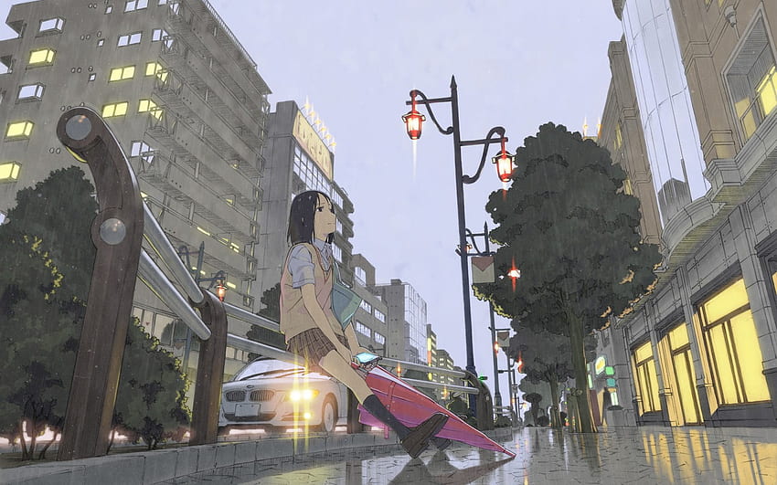 Animated girl , umbrella, rain, city, schoolgirl, alone • For You For & Mobile, Dope Rainy City HD wallpaper