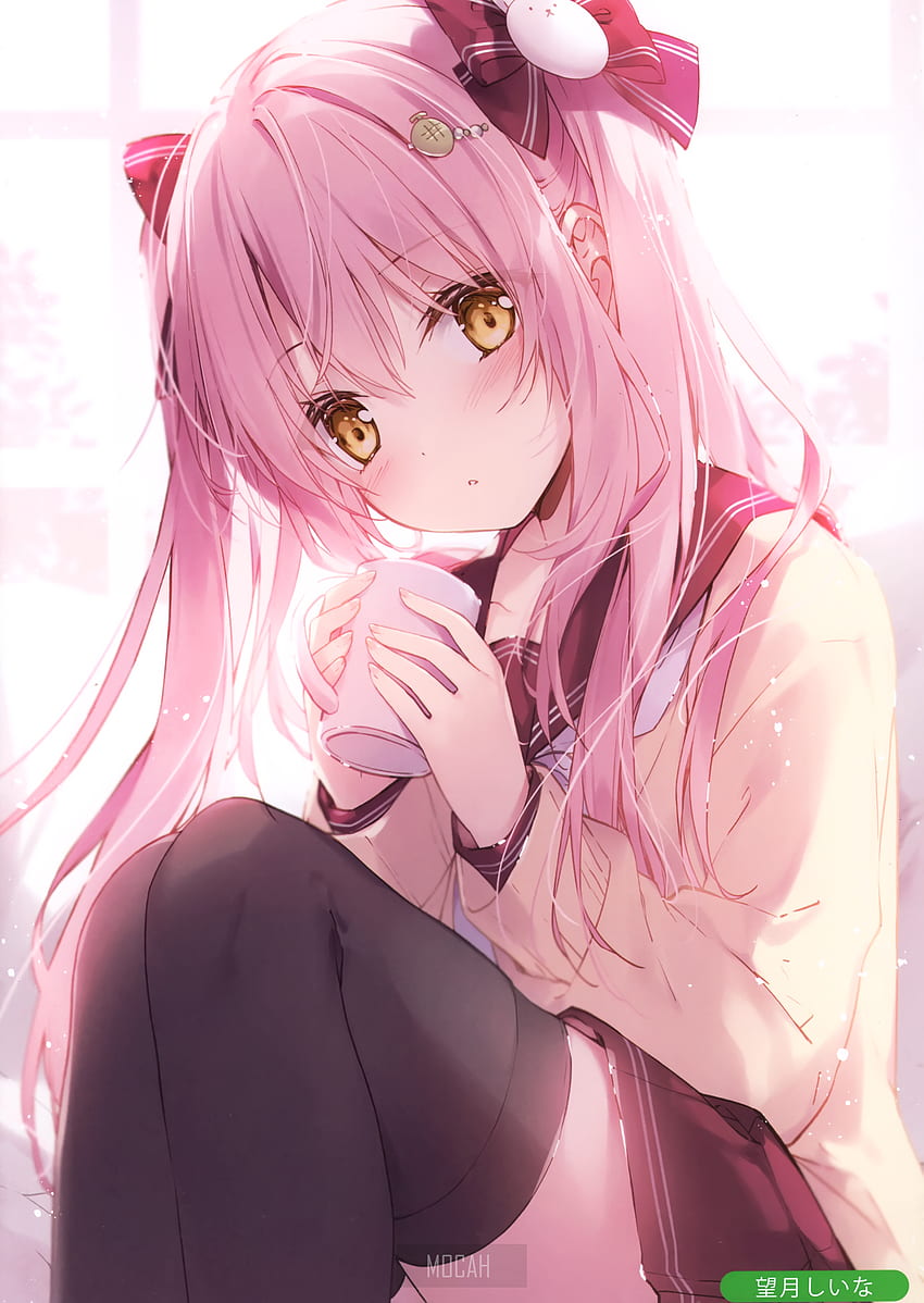 anime, anime girl, yellow eyes, pink hair, cup, stockings , , Anime Girl Pink HD phone wallpaper