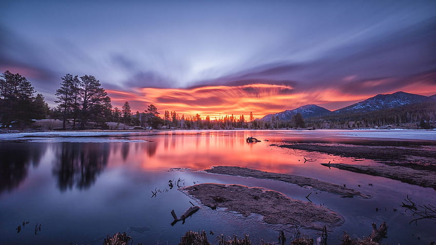 Sprague Lake, Rocky Mountains NP, Colorado, arbres, couleurs, nuages, ciel, eau, soleil, reflets, coucher de soleil, usa Fond d'écran HD