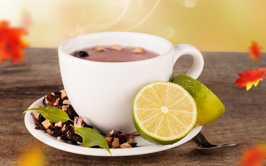 Tea Time, wykres, herbata, piękno, cytryna, jesień, słodki, upadek, gorący, piękny, kubek, gorąca herbata, liście, ładny, liść, filiżanka herbaty, śliczny, limonka Tapeta HD