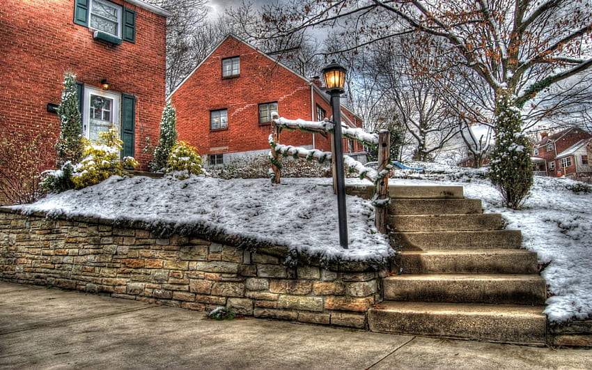 Front steps in the snow, steps, front, snow HD wallpaper