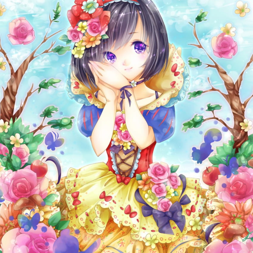 SnoWhite, awesome, fairy tales, cute, floral, dress, beauty, nice, lady, cg, petals, flower, maiden, short hair, , happy, adorable, female, blossom, sweet, smiling, smile, gorgeous, girl, disney, beautiful, snow white, kawaii, anime girl, anime, pretty, gown, lovely HD wallpaper