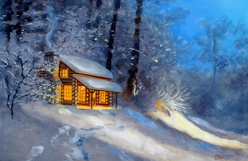 domek zimowy, zima, sztuka, ścieżka, dom, spokojny, piękny, spokój, kabina, , lekki, śnieg, drzewa, domek, las Tapeta HD