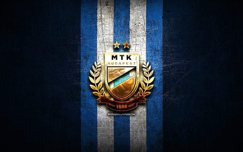 MTK Budapest FC, złote logo, OTP Bank Liga, niebieskie metalowe tło, piłka nożna, węgierski klub piłkarski, logo MTK Budapest, Węgry, MTK Budapest Tapeta HD