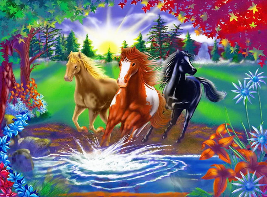 Correr no rio, Raios, rio, colorida, luz solar, manhã, nascer do sol, bom, costa, cavalos, brilho, Árvores, agua, amigos, corrida, corre, bonita, lago, verão, fantasia, bonita, campo, luz, Ramos, adorável papel de parede HD