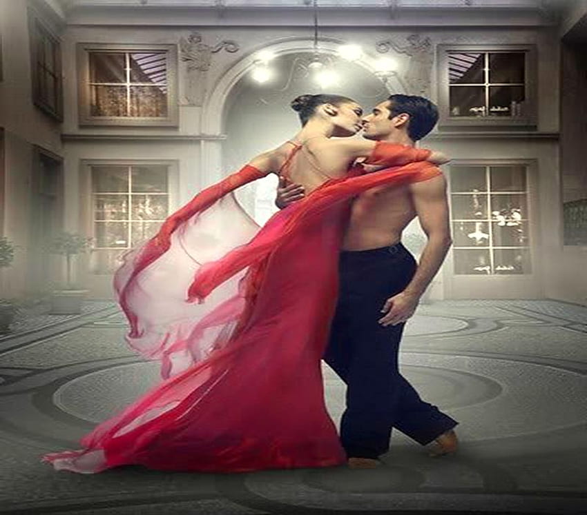 Der Tanz, Halle, Mann, schwarzes Haar, rotes Kleid, Frau, schwarze Hose HD-Hintergrundbild