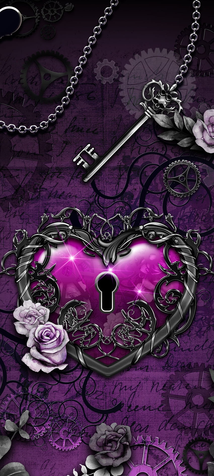 Gotyckie różowe serce, łańcuch, magenta, ciemność, miłość, klucze, kwiaty Tapeta na telefon HD