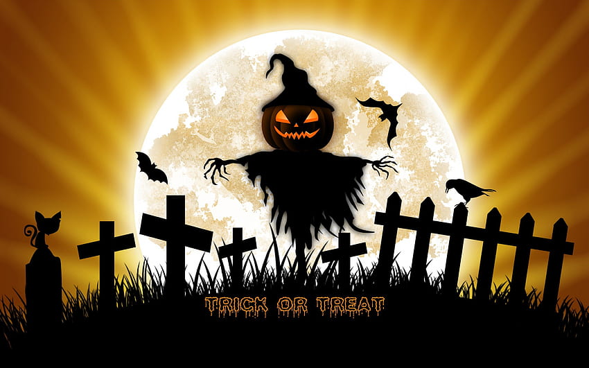 Trick Or Treat, black cat, rays, scarecrow, full moon, moon, fence, pumpkin, witches hat, grave, bats, hat, tombstone, bird, cat, crow, crosses HD wallpaper