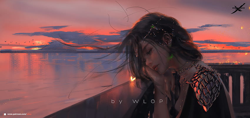 fantasy girl, princess, WLOP, sunset, Aeolian, artwork, Ghostblade. HD wallpaper