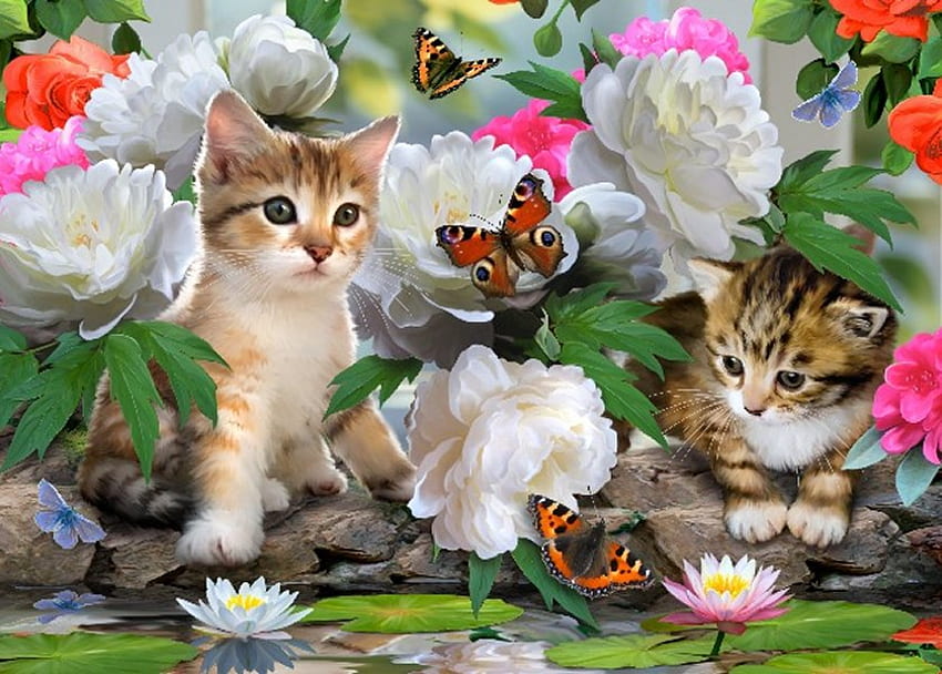 Por Howard Robinson, gatito, dulce, animal, arte, howard robinson, gato, pintura, mariposa, flor, naturaleza fondo de pantalla