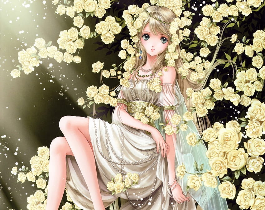 Yellow Rose, sublime, floral, long hair, dress, beauty, nice, rose, lady, cg, petals, flower, maiden, , blossom, sweet, divine, gorgeous, girl, beautiful, anime girl, elegant, anime, pretty, gown, lovely HD wallpaper