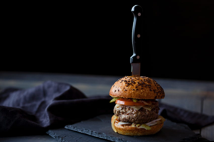Lebensmittel, Fleisch, Messer, Burger, Brötchen, Hamburger HD-Hintergrundbild