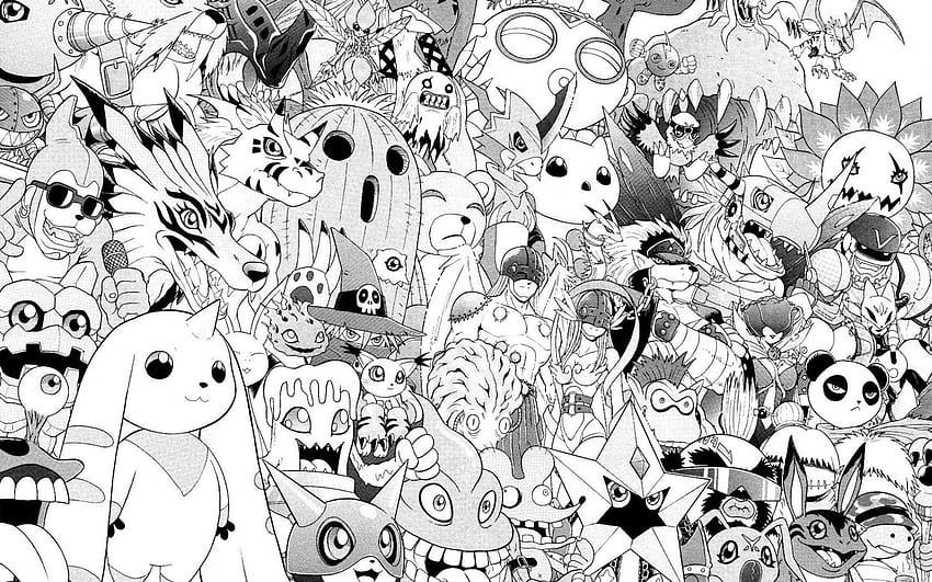 characters, old school, digimon, black, anime, Black and White Manga HD wallpaper