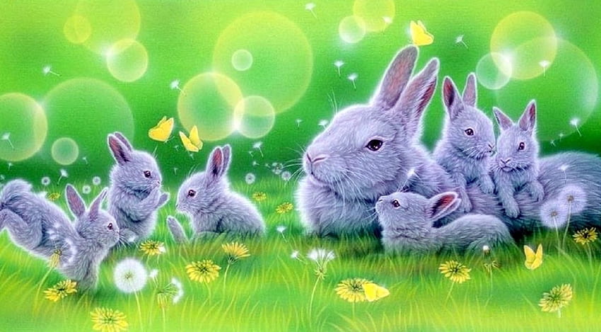 Happy in Green, rabbits, paintings, spring, butterflies, love four seasons, family, animals, green, butterfly designs, flowers HD wallpaper