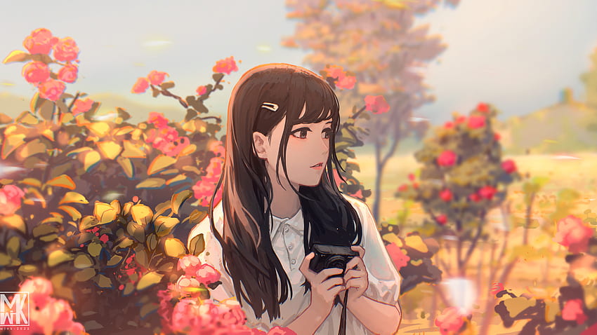 Anime Girl With Camera Standing In Flowers Plants Background Anime Girl HD wallpaper